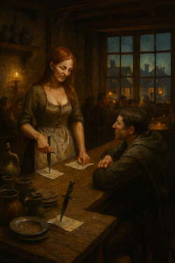 Jhaele Silvermane prepara il conto al Vecchio Teschio (AI Generated)